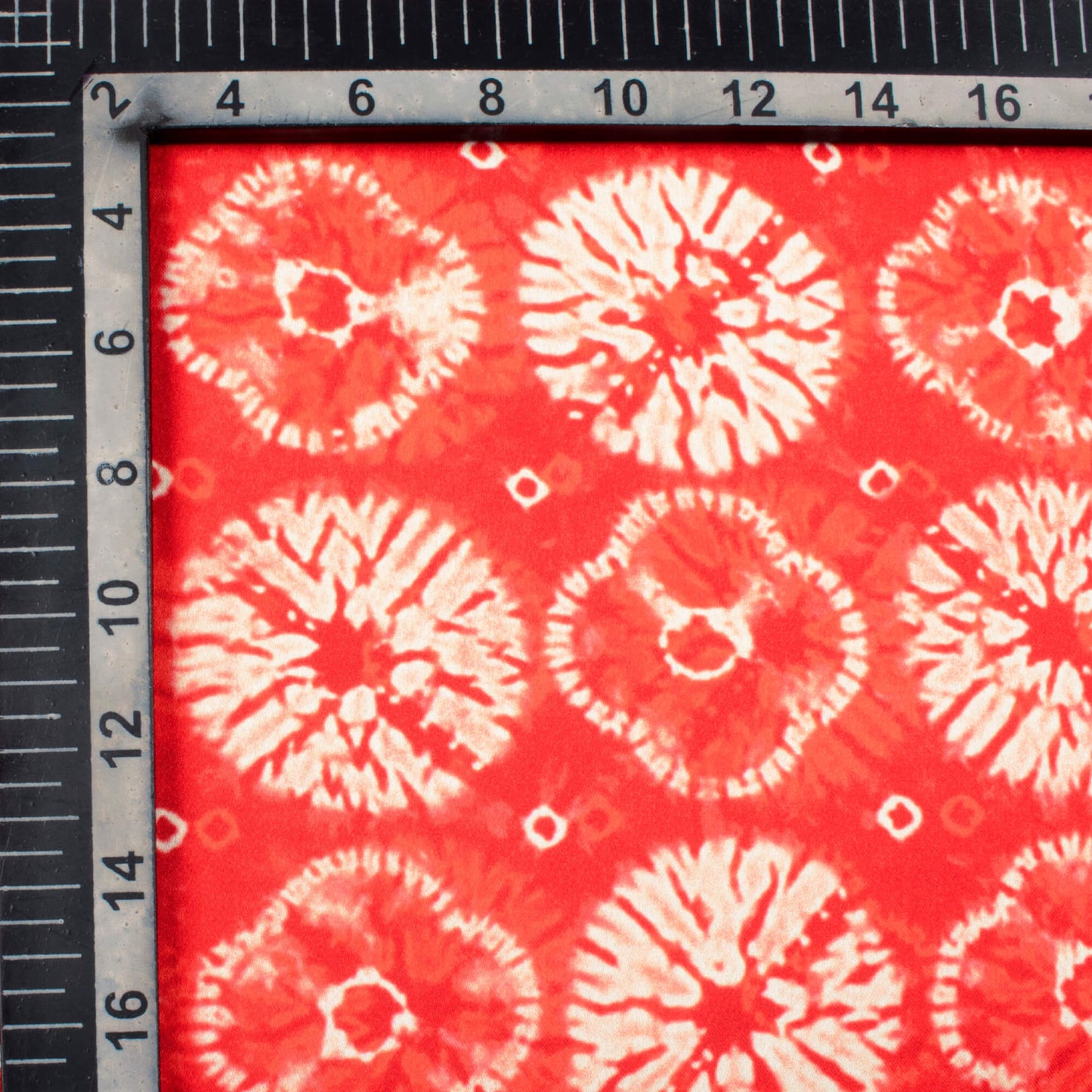 Vermilion Red And Off White Shibori Pattern Digital Print Japan Satin Fabric - Fabcurate