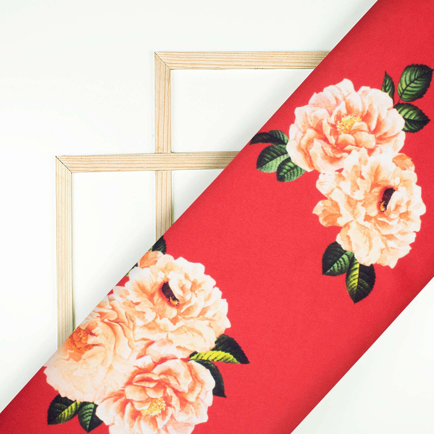 Vermilion Red And Peach Floral Pattern Digital Print Japan Satin Fabric - Fabcurate