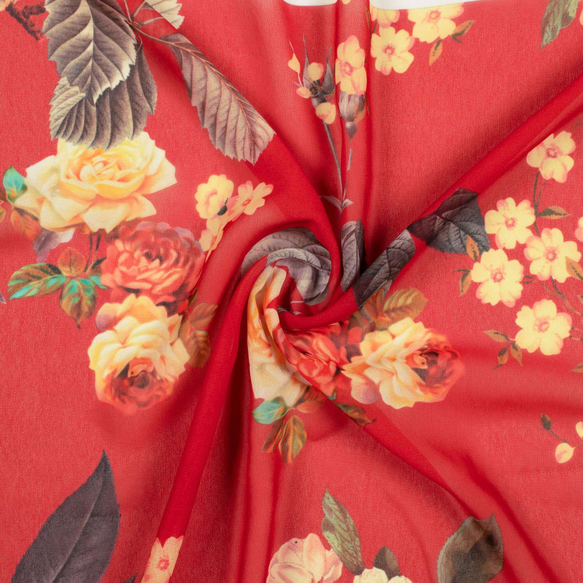 Vermilion Red And Cream Floral Pattern Digital Print Georgette Fabric - Fabcurate
