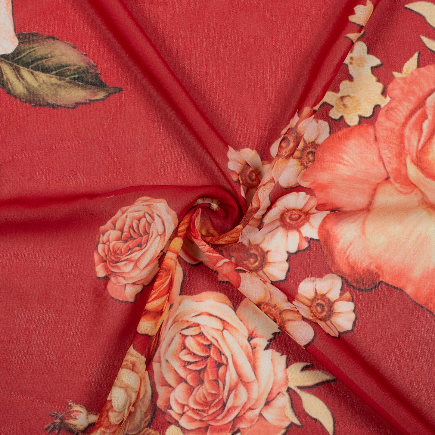 Vermilion Red And Peach Floral Pattern Digital Print Georgette Fabric - Fabcurate