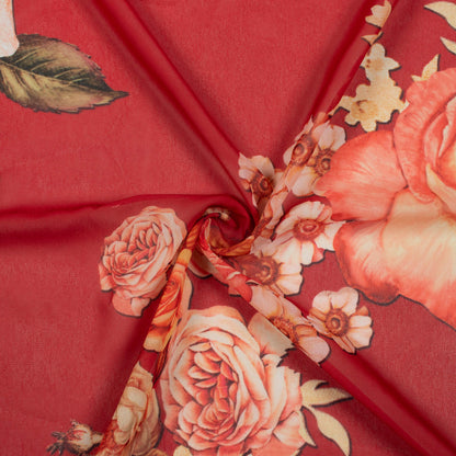 Vermilion Red And Peach Floral Pattern Digital Print Georgette Fabric - Fabcurate