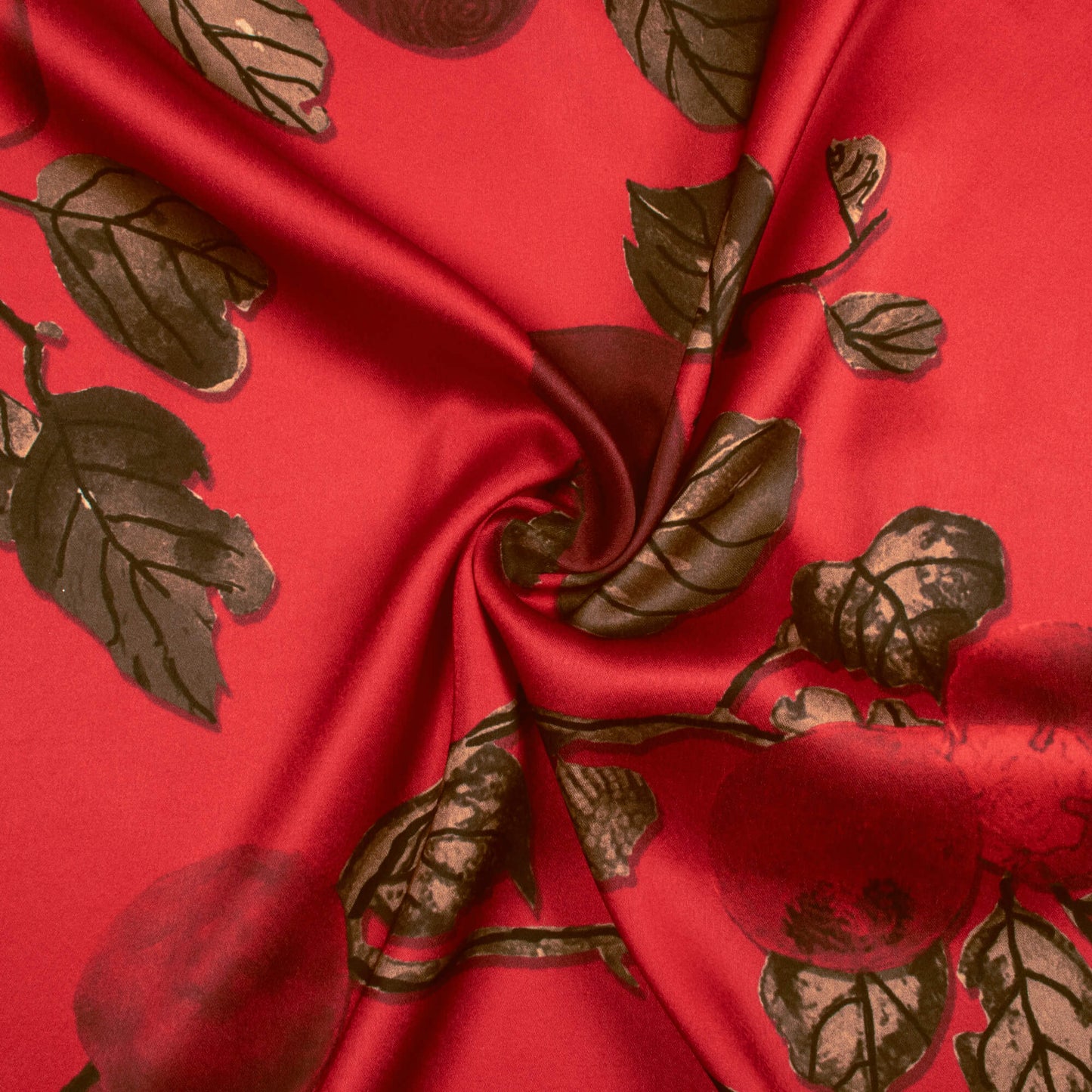 Vermilion Red And Brown Leaf Pattern Digital Print Japan Satin Fabric - Fabcurate