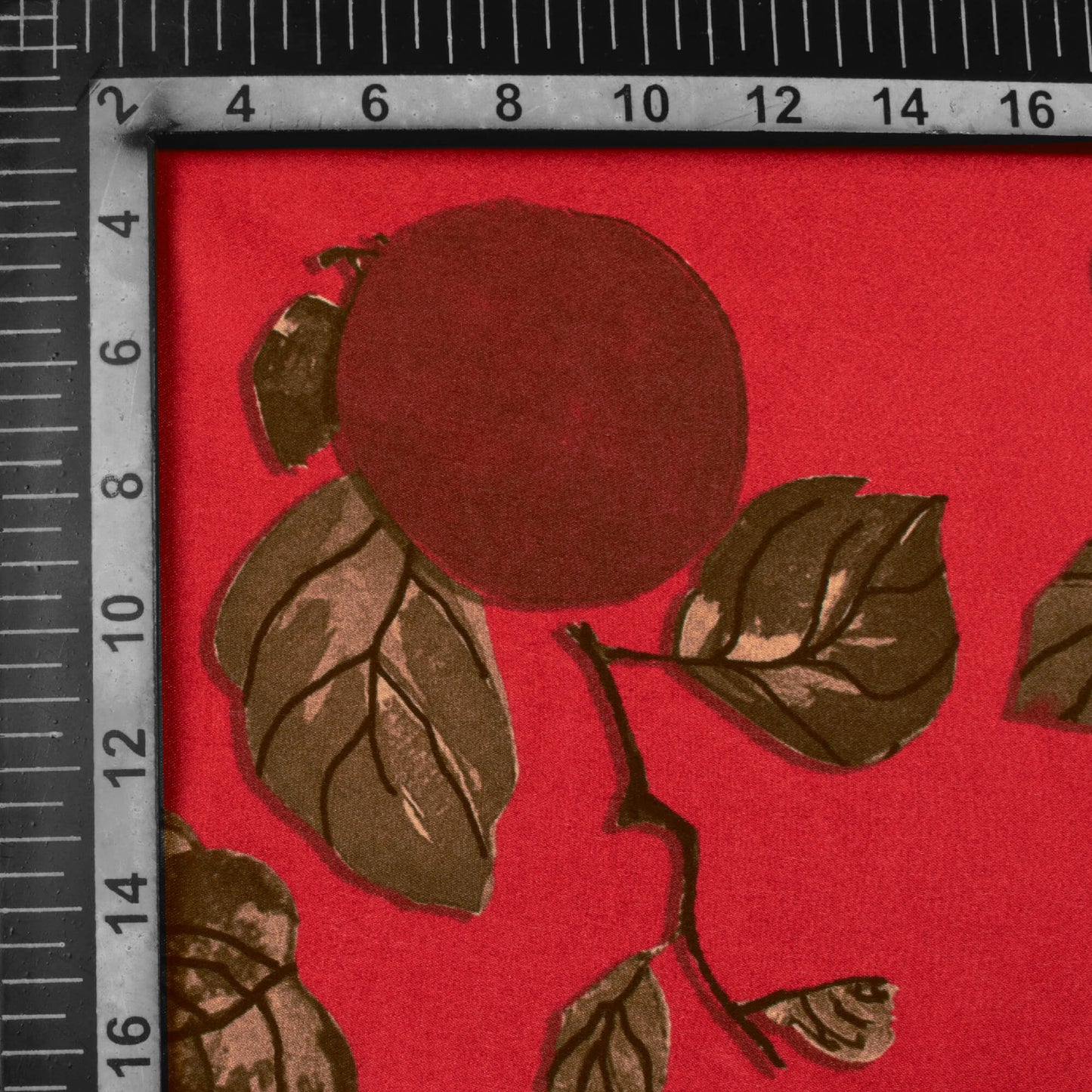 Vermilion Red And Brown Leaf Pattern Digital Print Japan Satin Fabric - Fabcurate