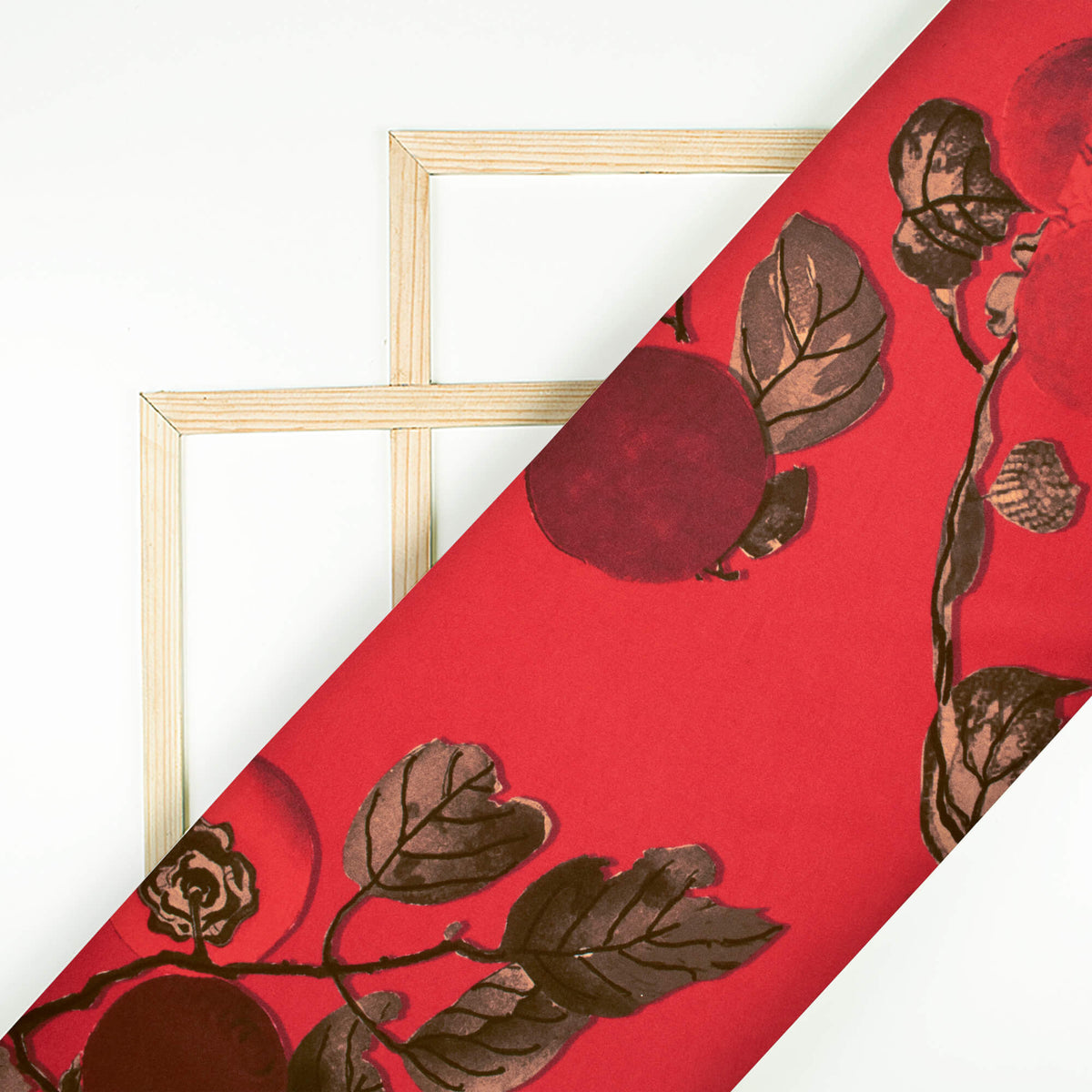 Vermilion Red And Brown Leaf Pattern Digital Print Japan Satin Fabric - Fabcurate