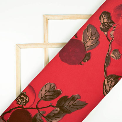 Vermilion Red And Brown Leaf Pattern Digital Print Japan Satin Fabric - Fabcurate