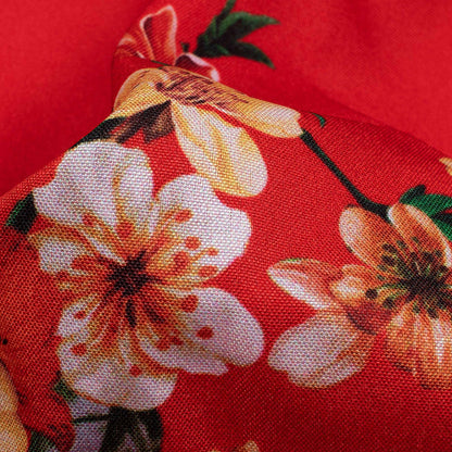 Vermilion Red And Musturd Yellow Floral Pattern Digital Print Ultra Premium Butter Crepe Fabric - Fabcurate