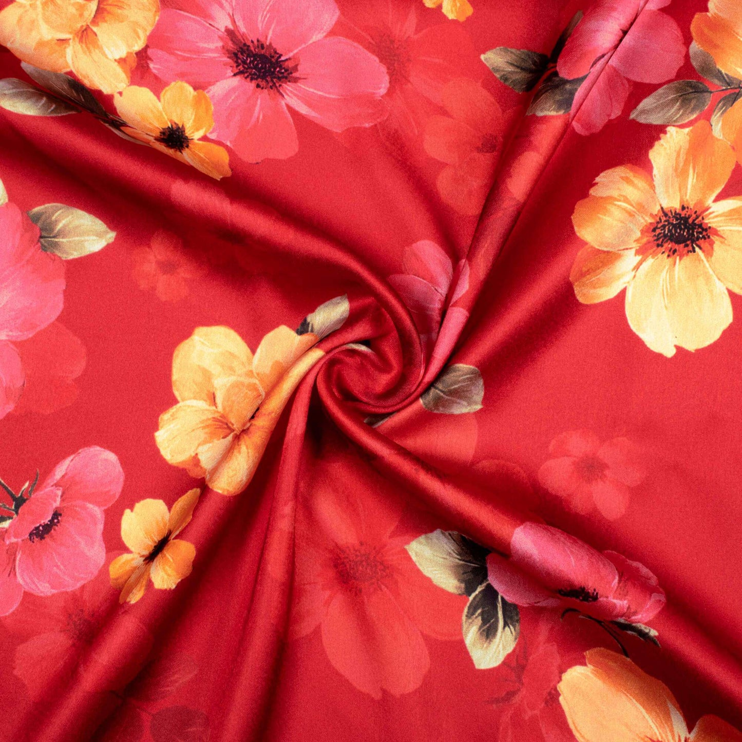 Vermilion Red And Pink Floral Pattern Digital Print Japan Satin Fabric - Fabcurate