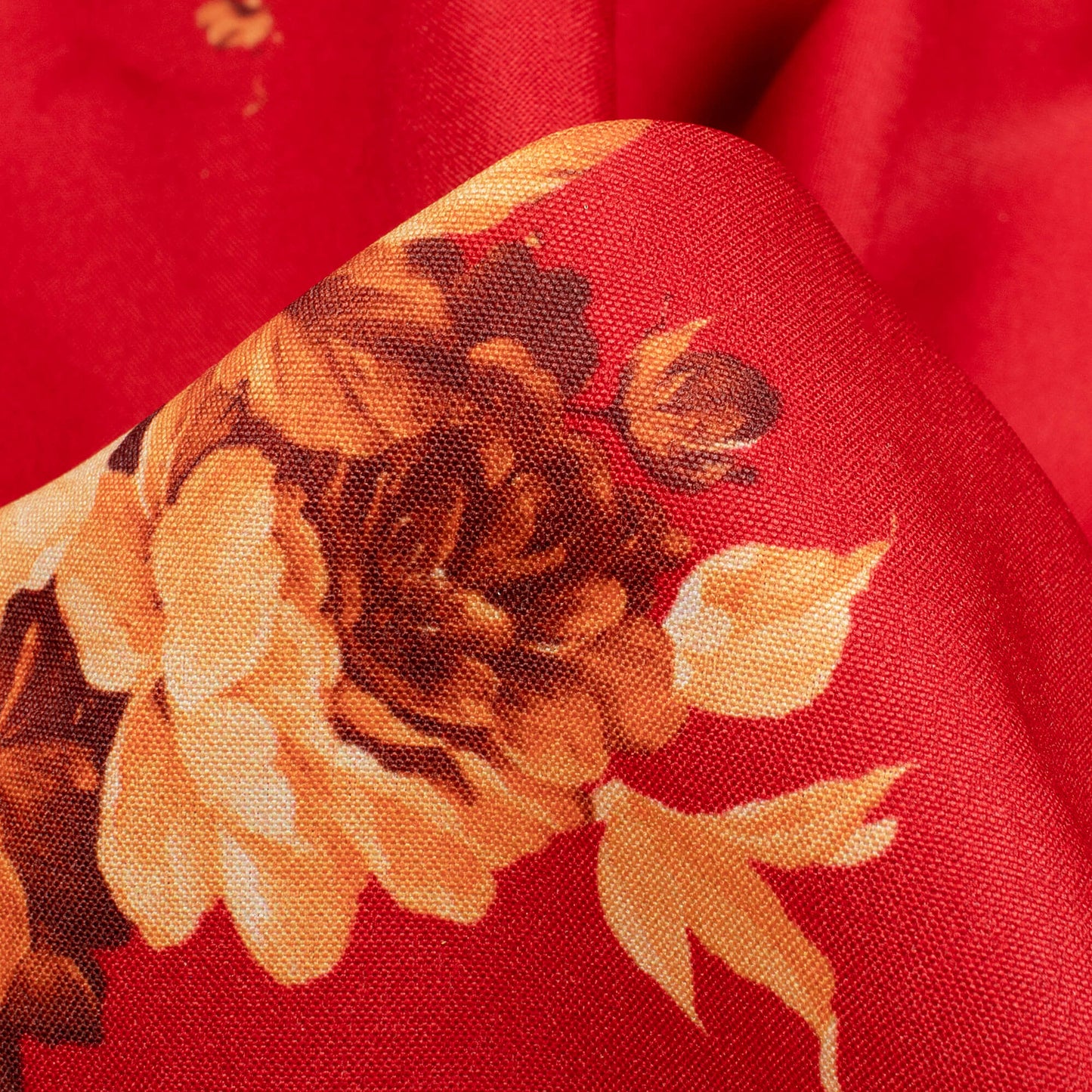 Vermilion Red And Salmon Orange Floral Pattern Digital Print Ultra Premium Butter Crepe Fabric - Fabcurate