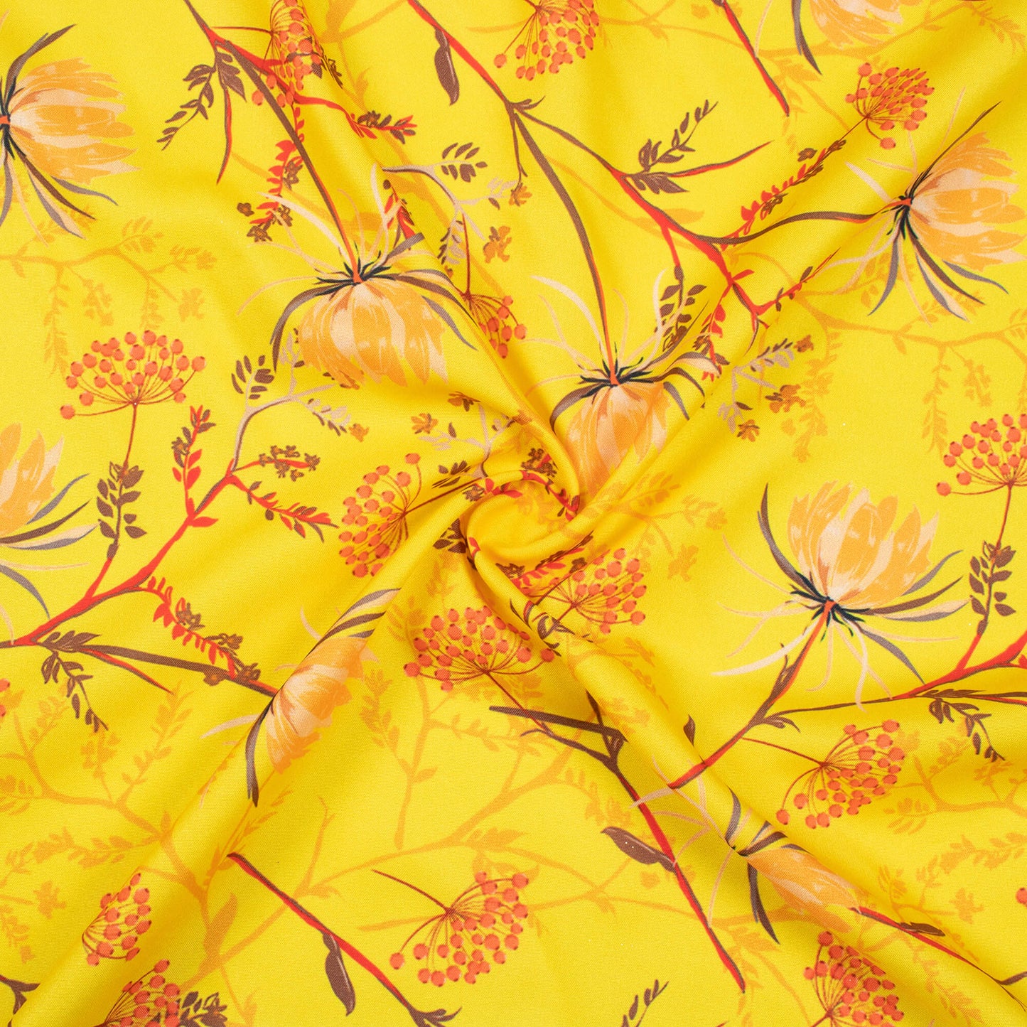 Bright Yellow And Candy Red Floral Pattern Digital Print Ultra Premium Butter Crepe Fabric - Fabcurate