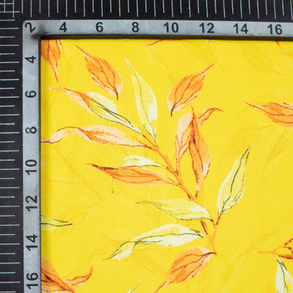 Bright Yellow And Salmon Orange Leaf Pattern Digital Print Ultra Premium Butter Crepe Fabric - Fabcurate
