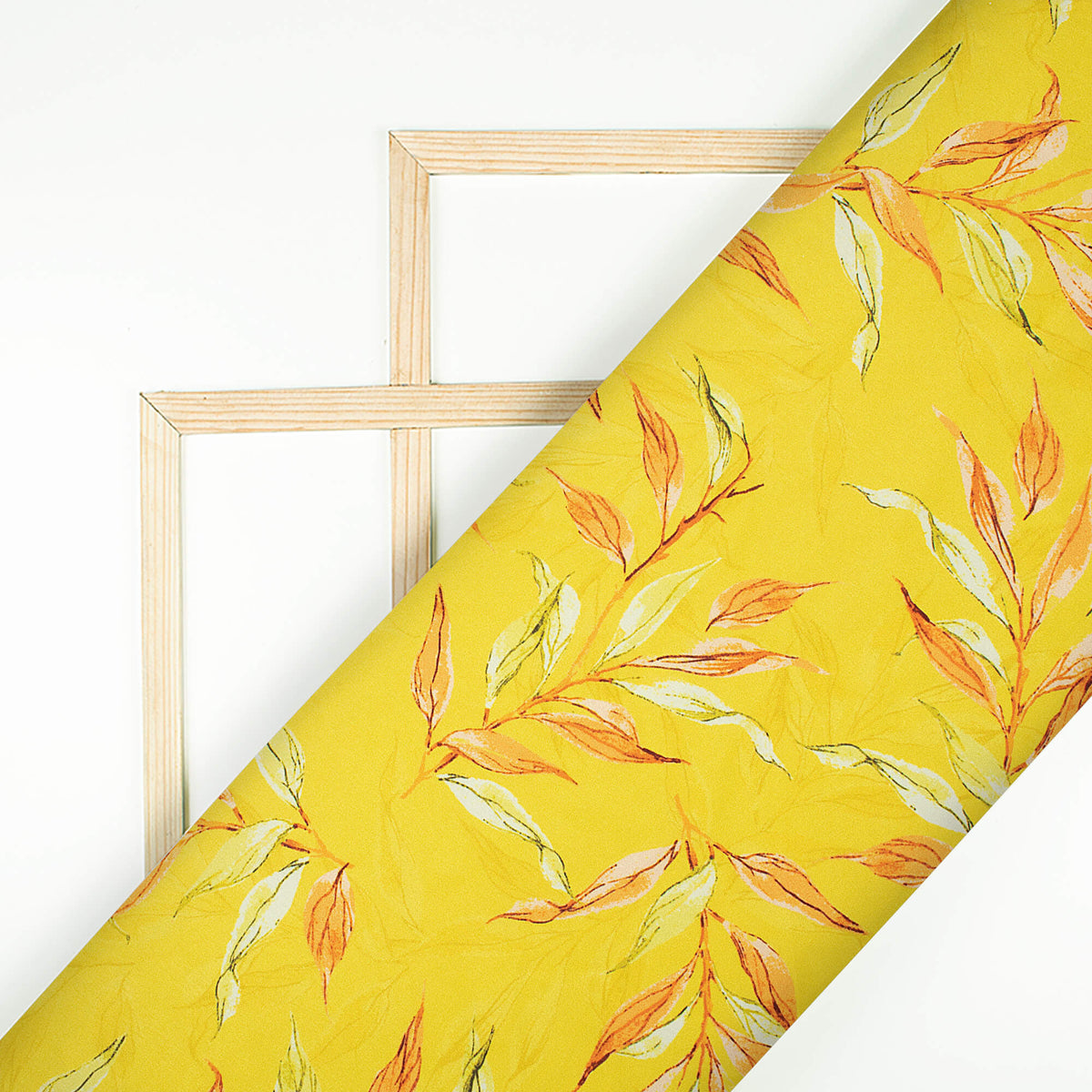 Bright Yellow And Salmon Orange Leaf Pattern Digital Print Ultra Premium Butter Crepe Fabric - Fabcurate