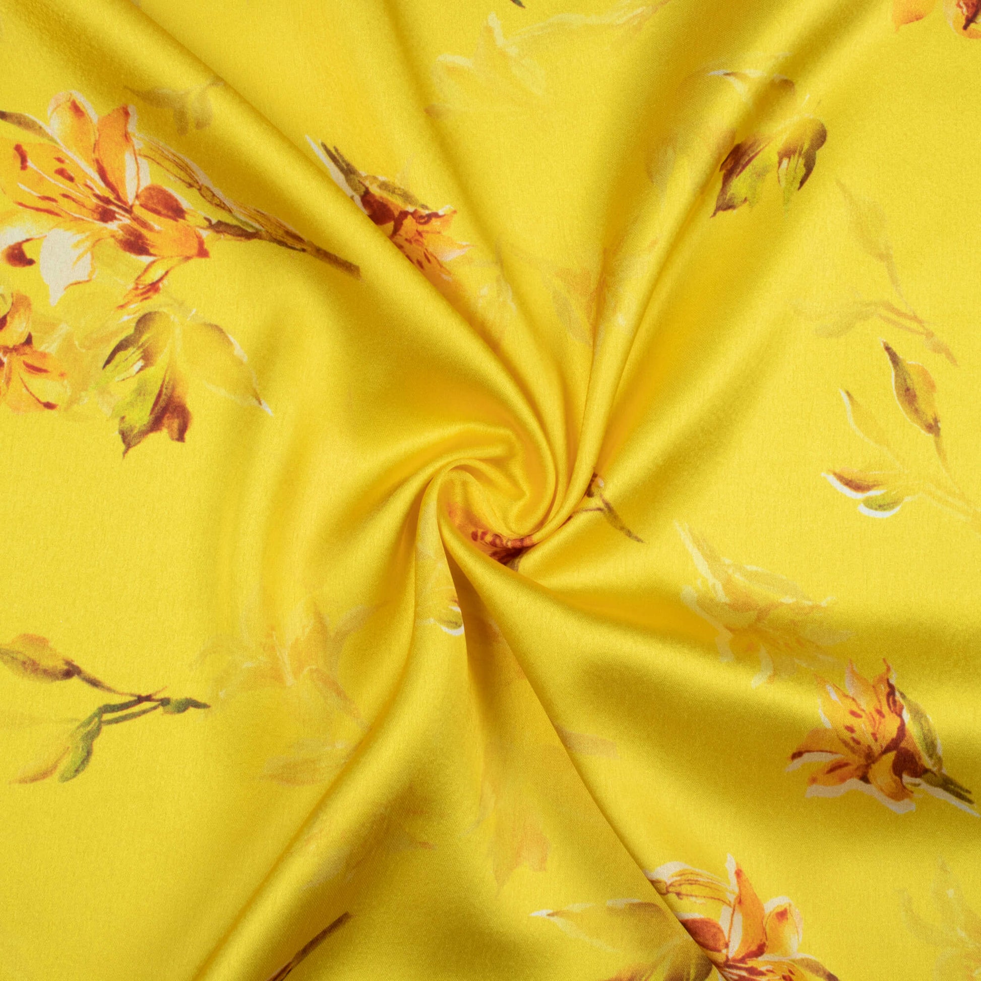 Bumblebee Yellow Floral Pattern Digital Print Japan Satin Fabric - Fabcurate
