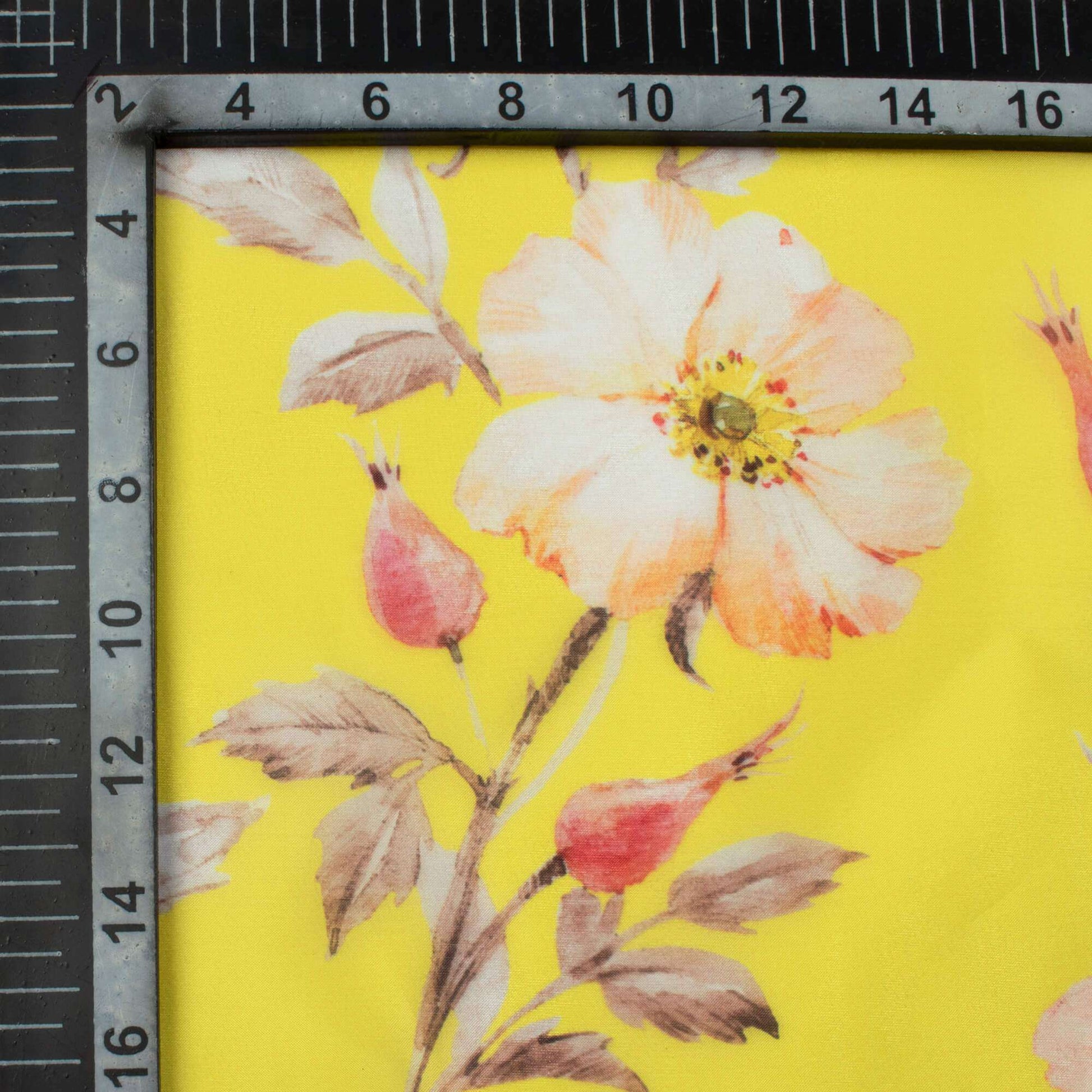 Bumblebee Yellow And Light Orange Floral Pattern Digital Print Premium Liquid Organza Fabric - Fabcurate