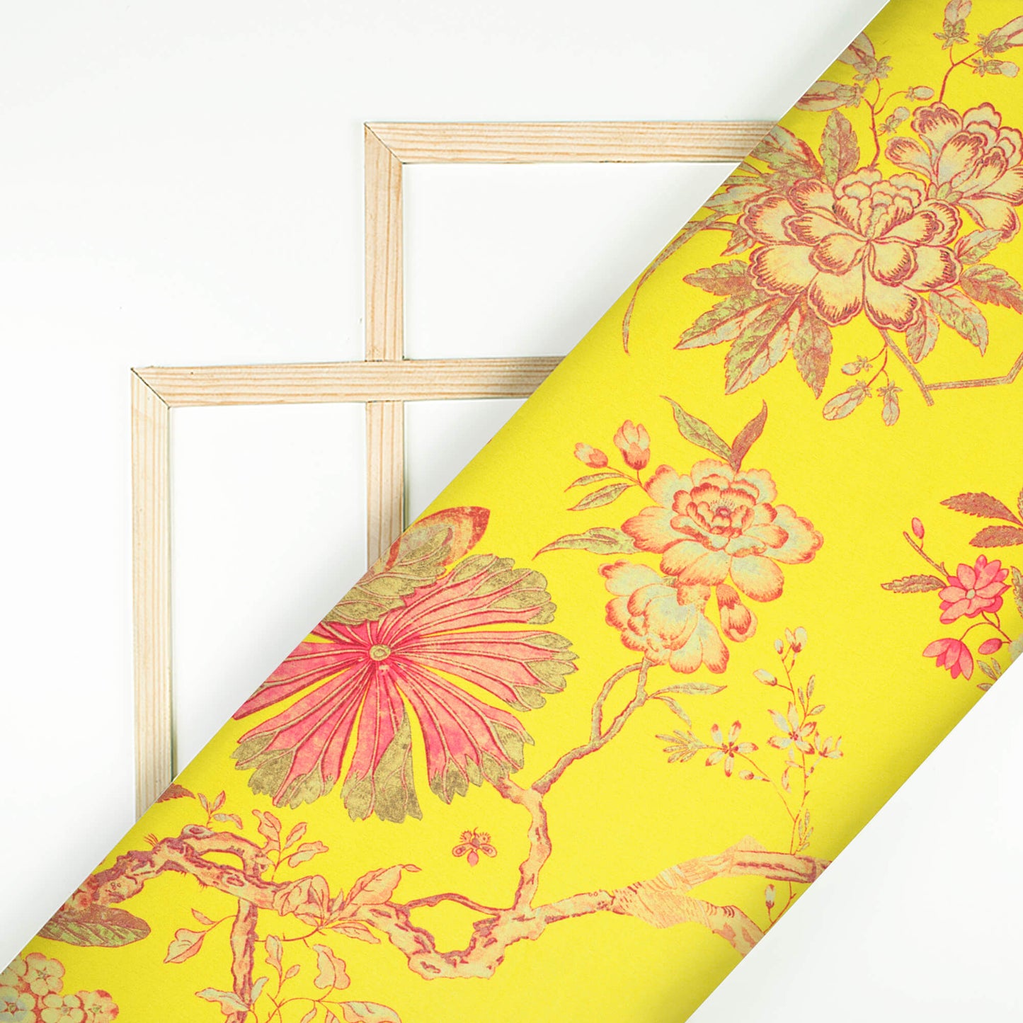 Bumblebee Yellow And Pink Floral Pattern Digital Print Japan Satin Fabric - Fabcurate