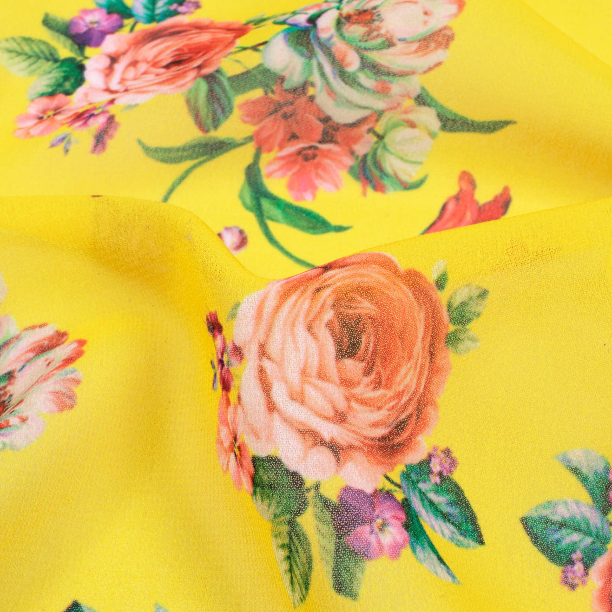 Bright Yellow And Pink Floral Pattern Digital Print Georgette Fabric - Fabcurate