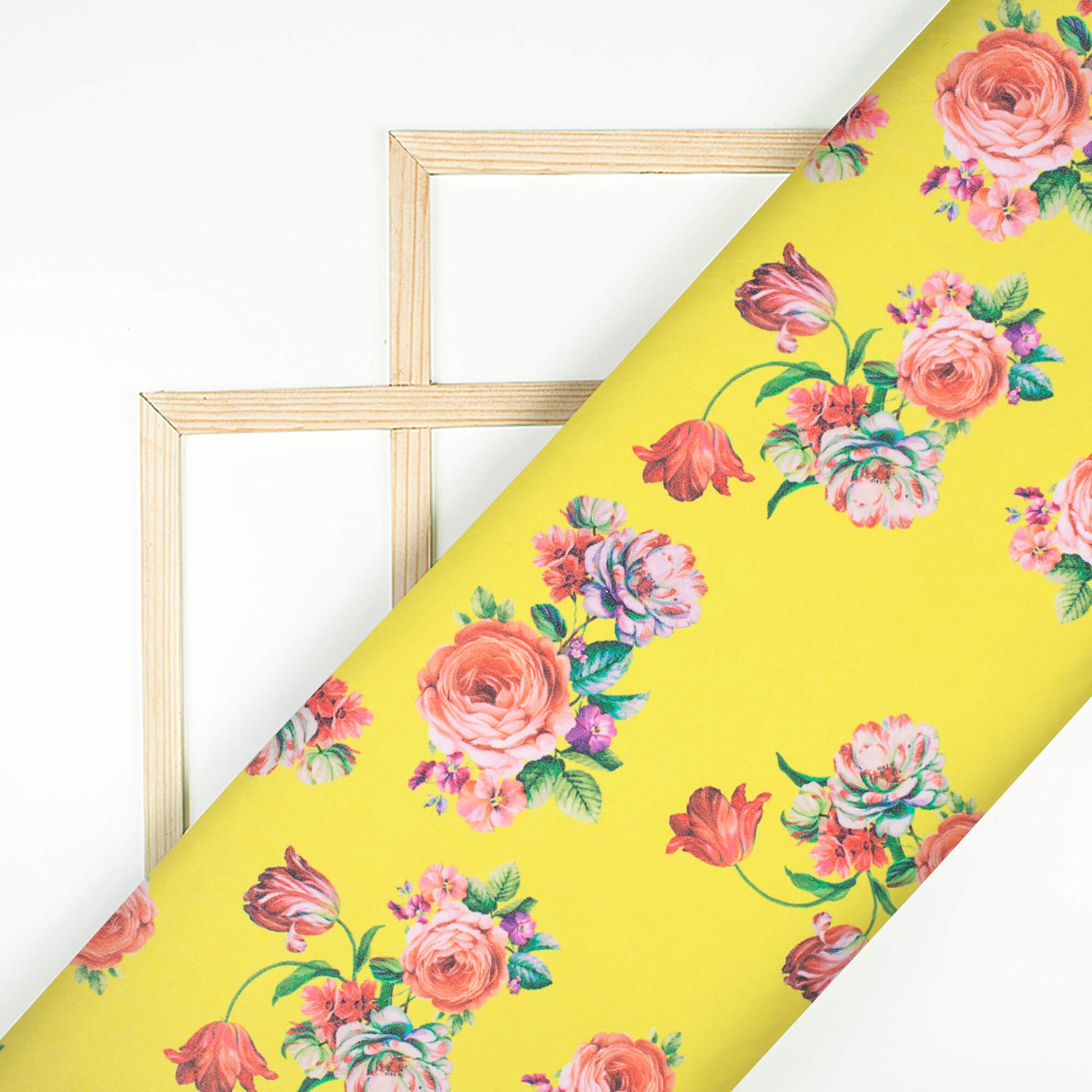 Bright Yellow And Pink Floral Pattern Digital Print Georgette Fabric - Fabcurate