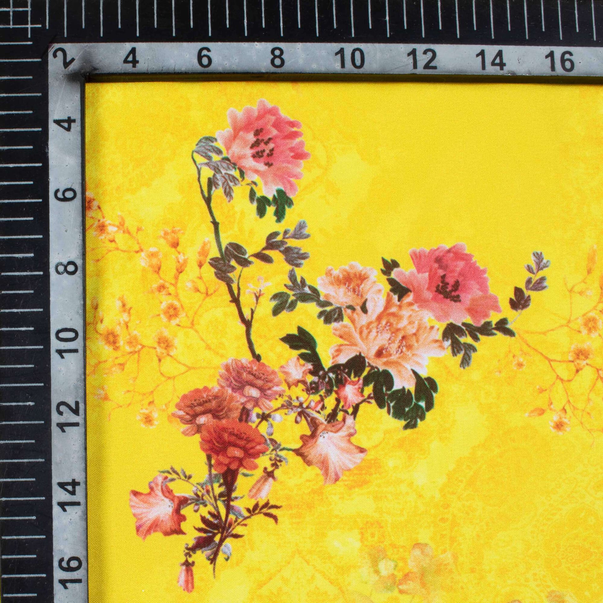 Bright Yellow And Punch Pink Floral Pattern Digital Print Ultra Premium Butter Crepe Fabric - Fabcurate