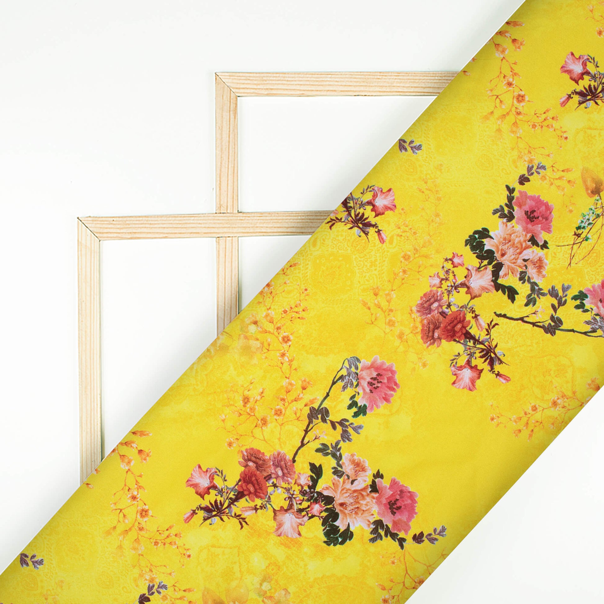 Bright Yellow And Punch Pink Floral Pattern Digital Print Ultra Premium Butter Crepe Fabric - Fabcurate