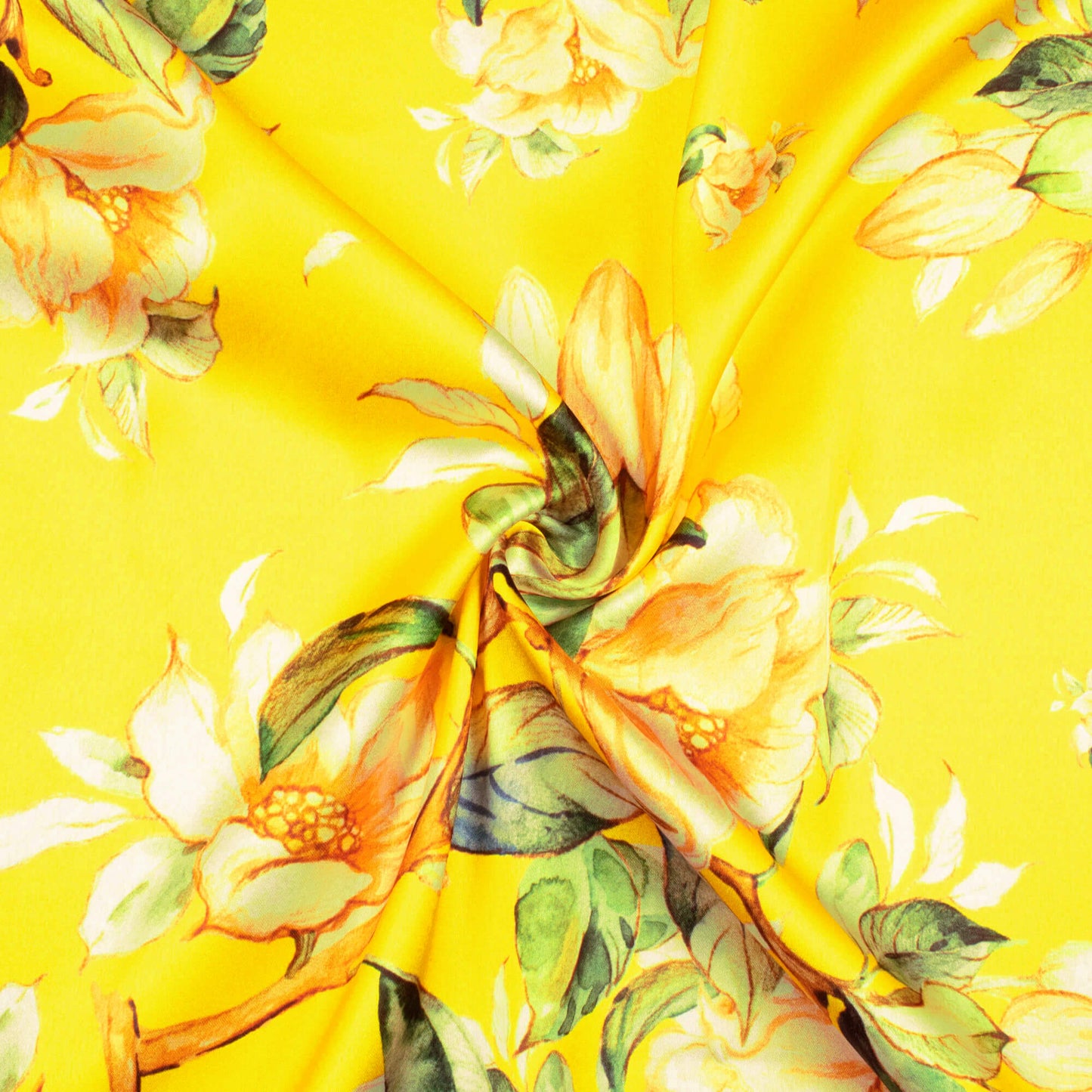 Bumblebee Yellow And Green Floral Pattern Digital Print Japan Satin Fabric