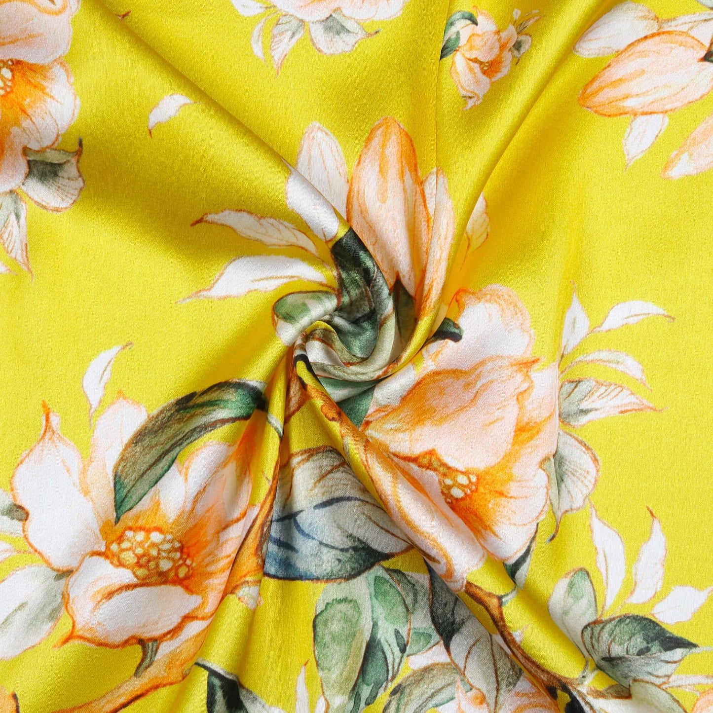 (Cut Piece 0.6 Mtr) Bumblebee Yellow And Green Floral Pattern Digital Print Japan Satin Fabric