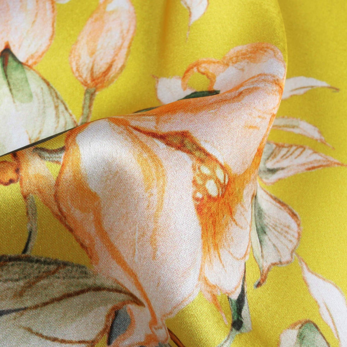 (Cut Piece 1 Mtr) Bumblebee Yellow And Green Floral Pattern Digital Print Japan Satin Fabric