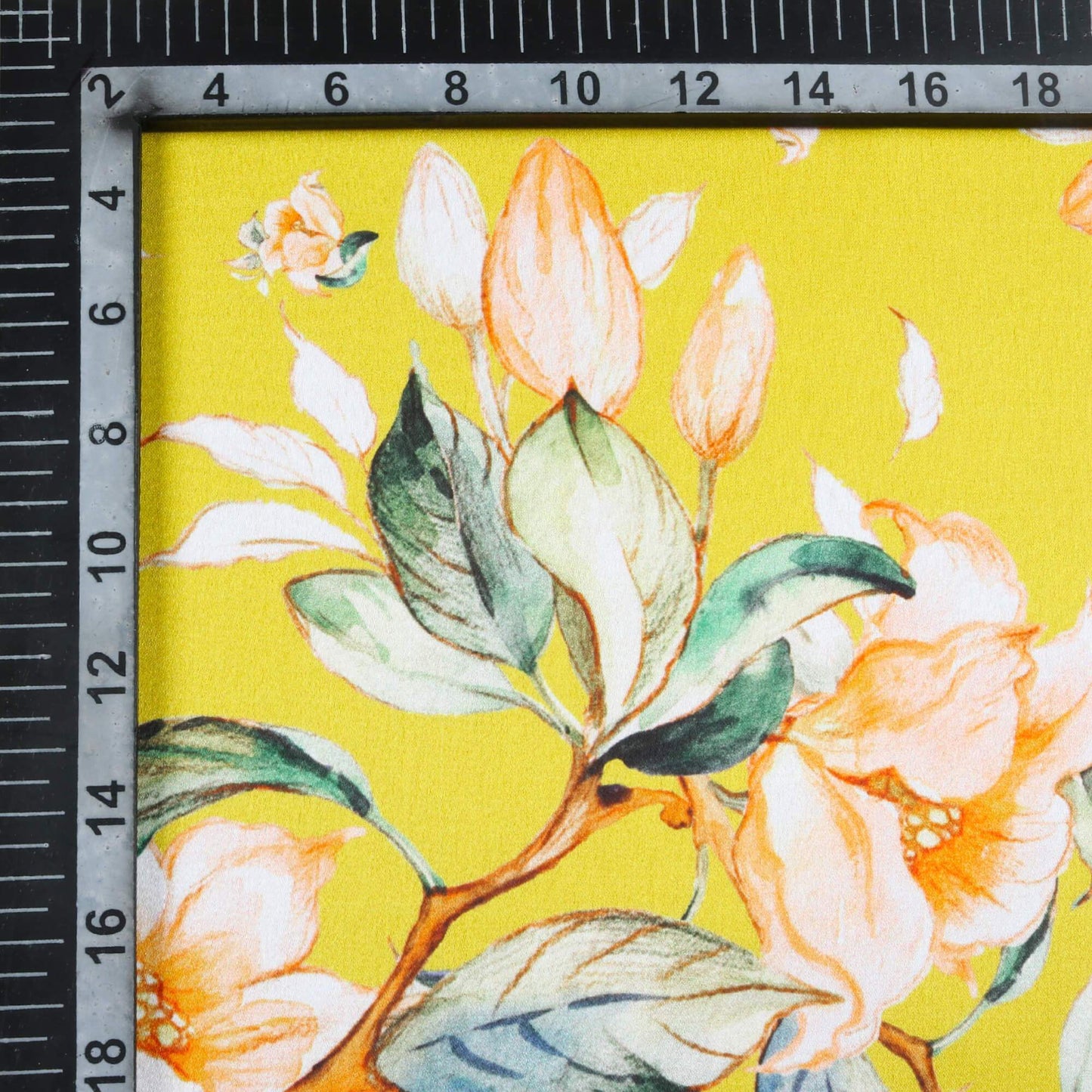 (Cut Piece 1 Mtr) Bumblebee Yellow And Green Floral Pattern Digital Print Japan Satin Fabric
