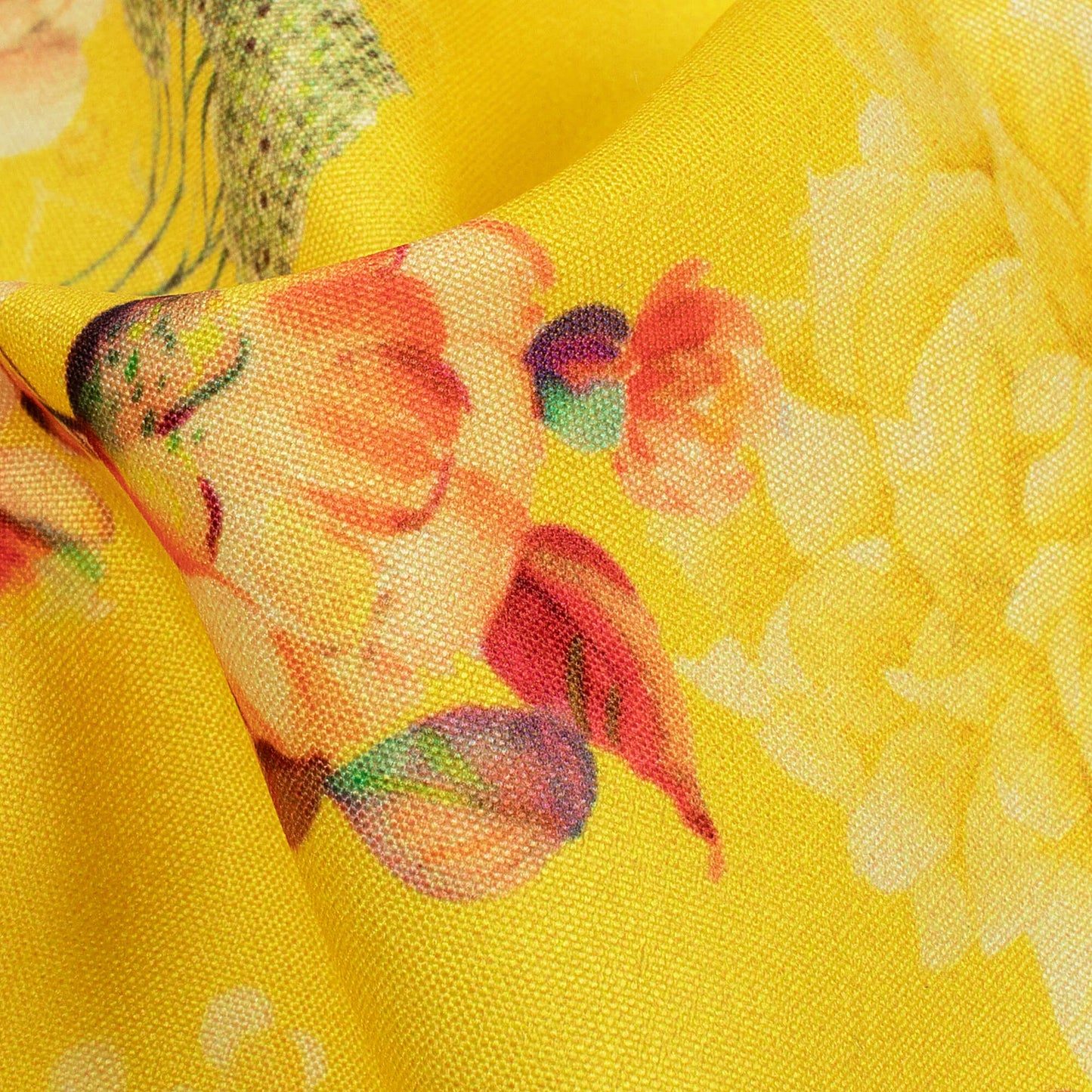 Bright Yellow And Peach Floral Pattern Digital Print Ultra Premium Butter Crepe Fabric - Fabcurate