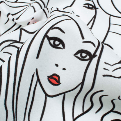 White And Black Quirky Pattern Digital Print Ultra Premium Butter Crepe Fabric - Fabcurate