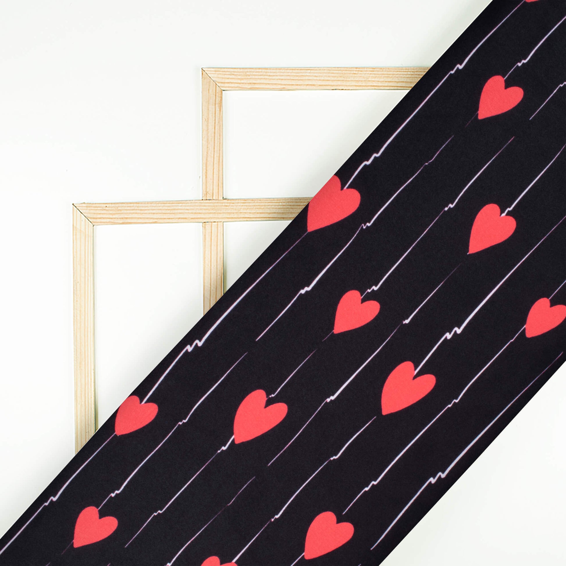 Black And Red Heart Pattern Digital Print Japan Satin Fabric - Fabcurate