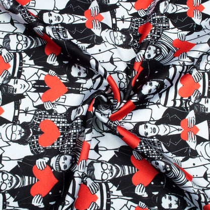 Black And Red Heart Pattern Digital Print Japan Satin Fabric - Fabcurate