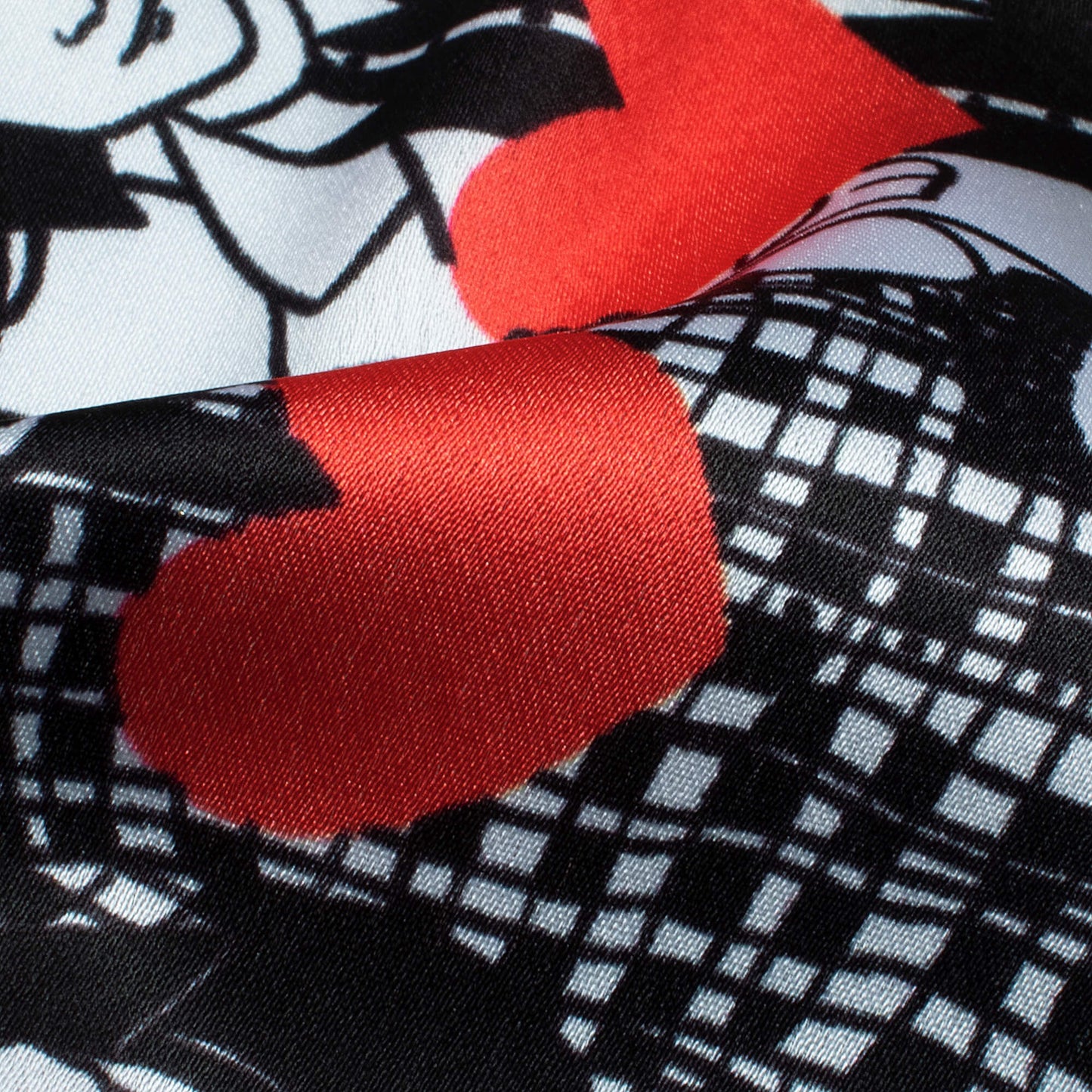 Black And Red Heart Pattern Digital Print Japan Satin Fabric - Fabcurate