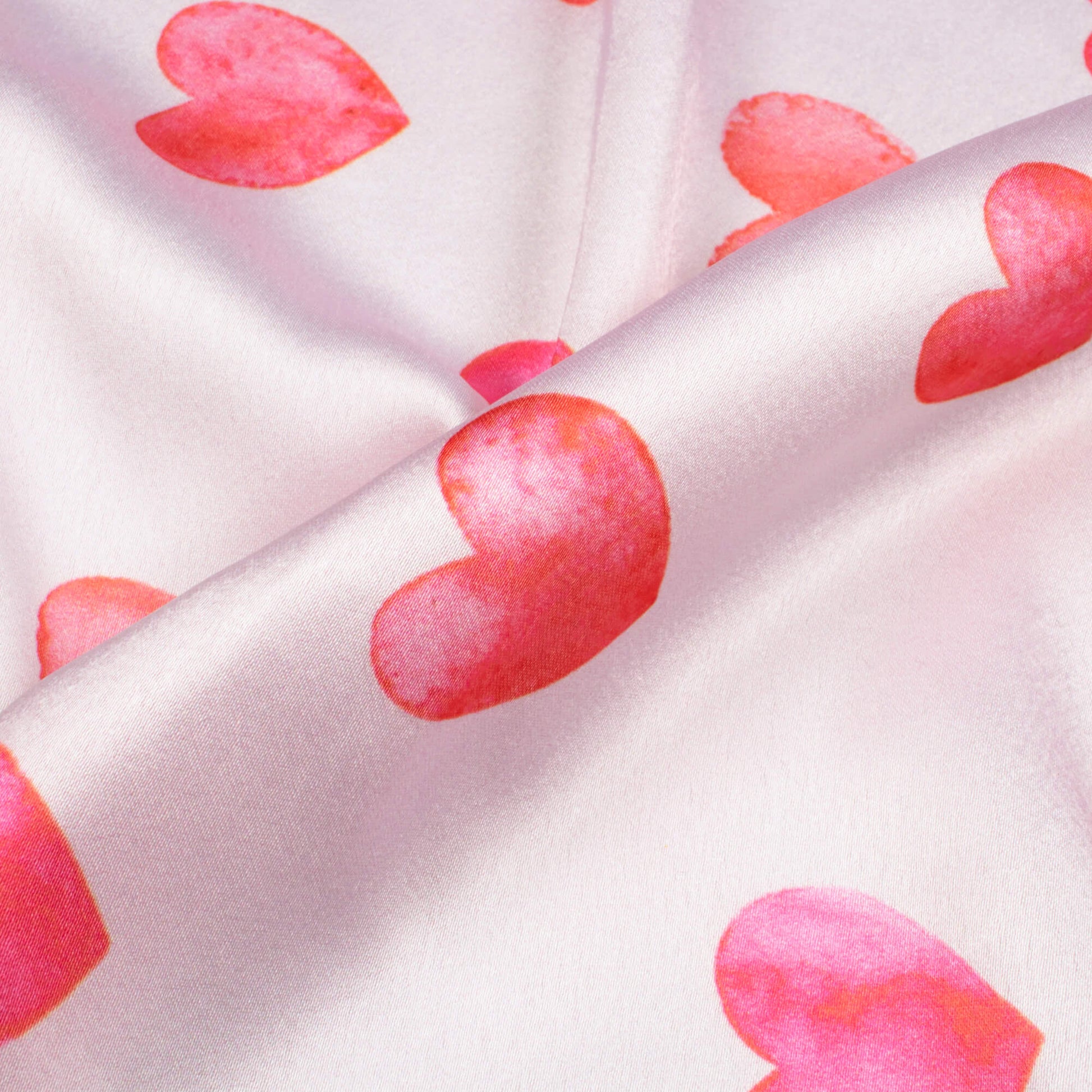 White And Punch Pink Heart Pattern Digital Print Japan Satin Fabric - Fabcurate