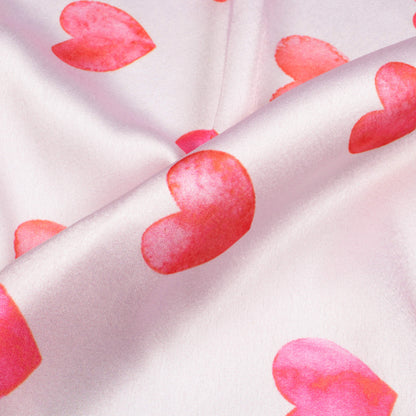 White And Punch Pink Heart Pattern Digital Print Japan Satin Fabric - Fabcurate