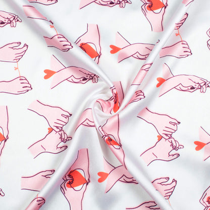 White And Baby Pink Heart Pattern Digital Print Japan Satin Fabric - Fabcurate