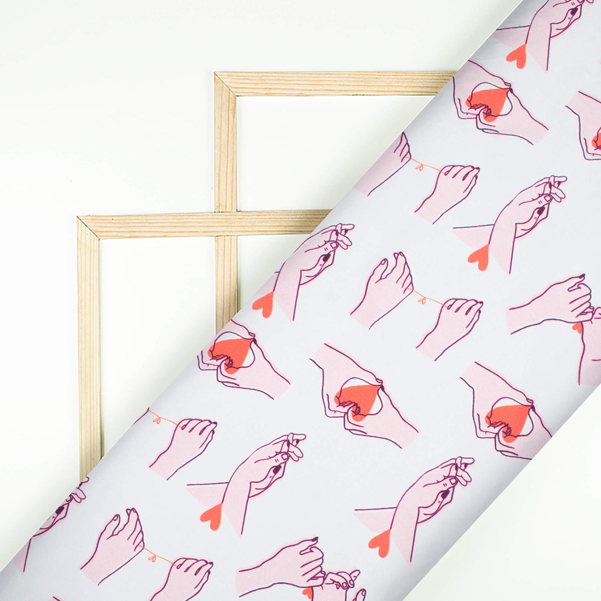 White And Baby Pink Heart Pattern Digital Print Japan Satin Fabric - Fabcurate