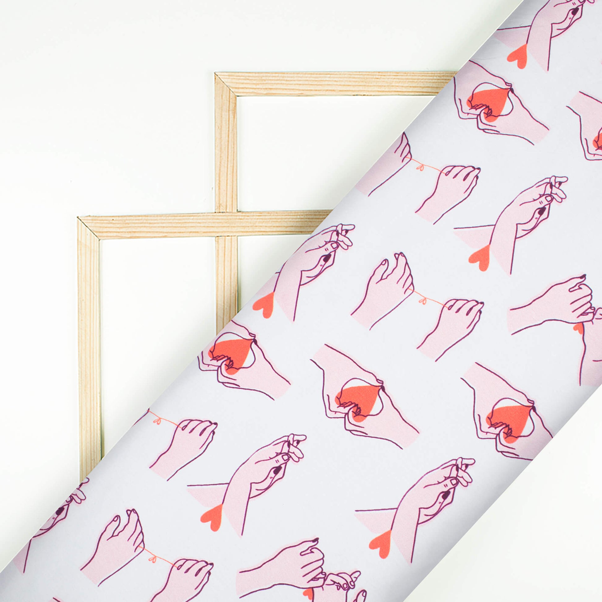 White And Baby Pink Heart Pattern Digital Print Japan Satin Fabric - Fabcurate
