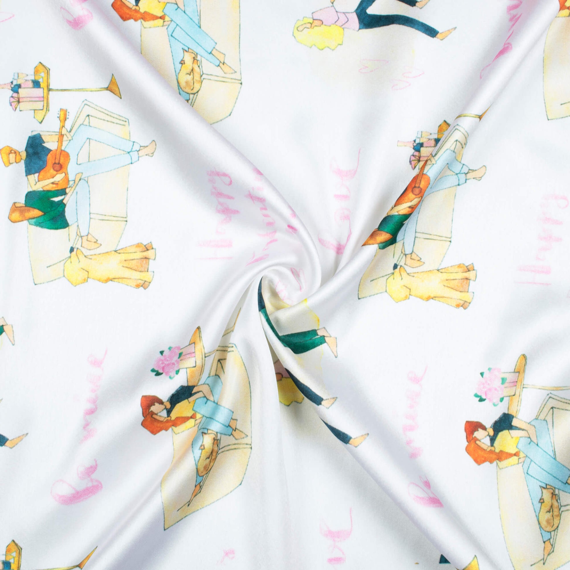 White Quirky Pattern Digital Print Japan Satin Fabric - Fabcurate