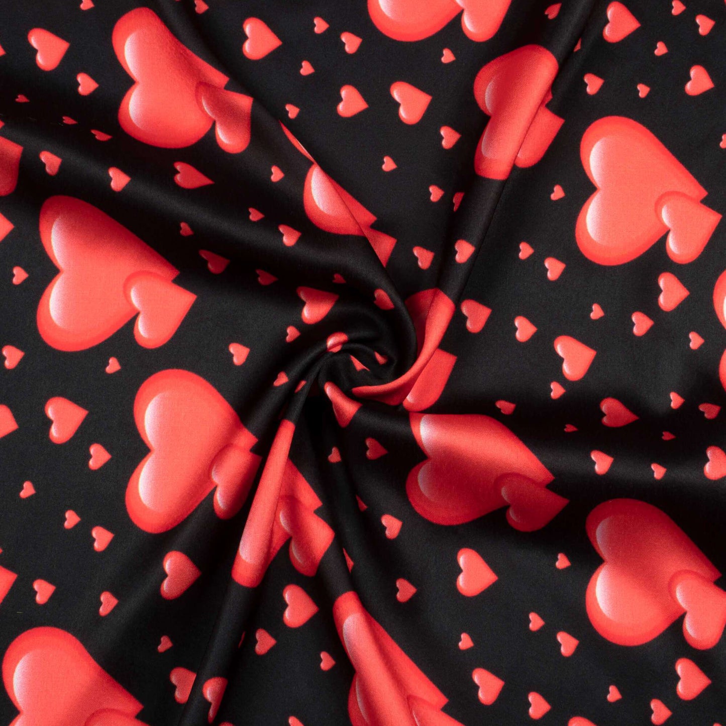 Black And Cherry Red Heart Pattern Digital Print Japan Satin Fabric - Fabcurate