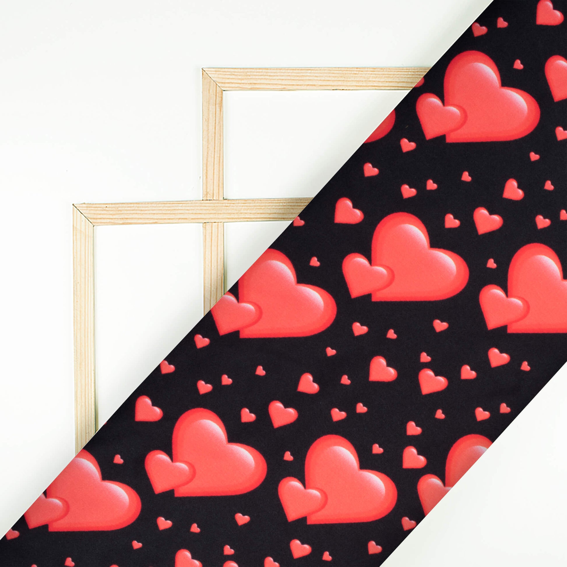 Black And Cherry Red Heart Pattern Digital Print Japan Satin Fabric - Fabcurate
