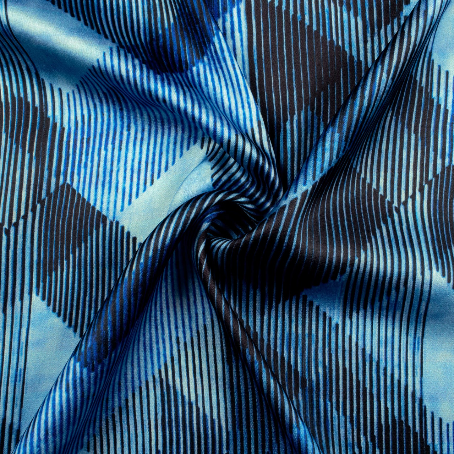 Prussian Blue And Black Chevron Pattern Digital Print Japan Satin Fabric - Fabcurate
