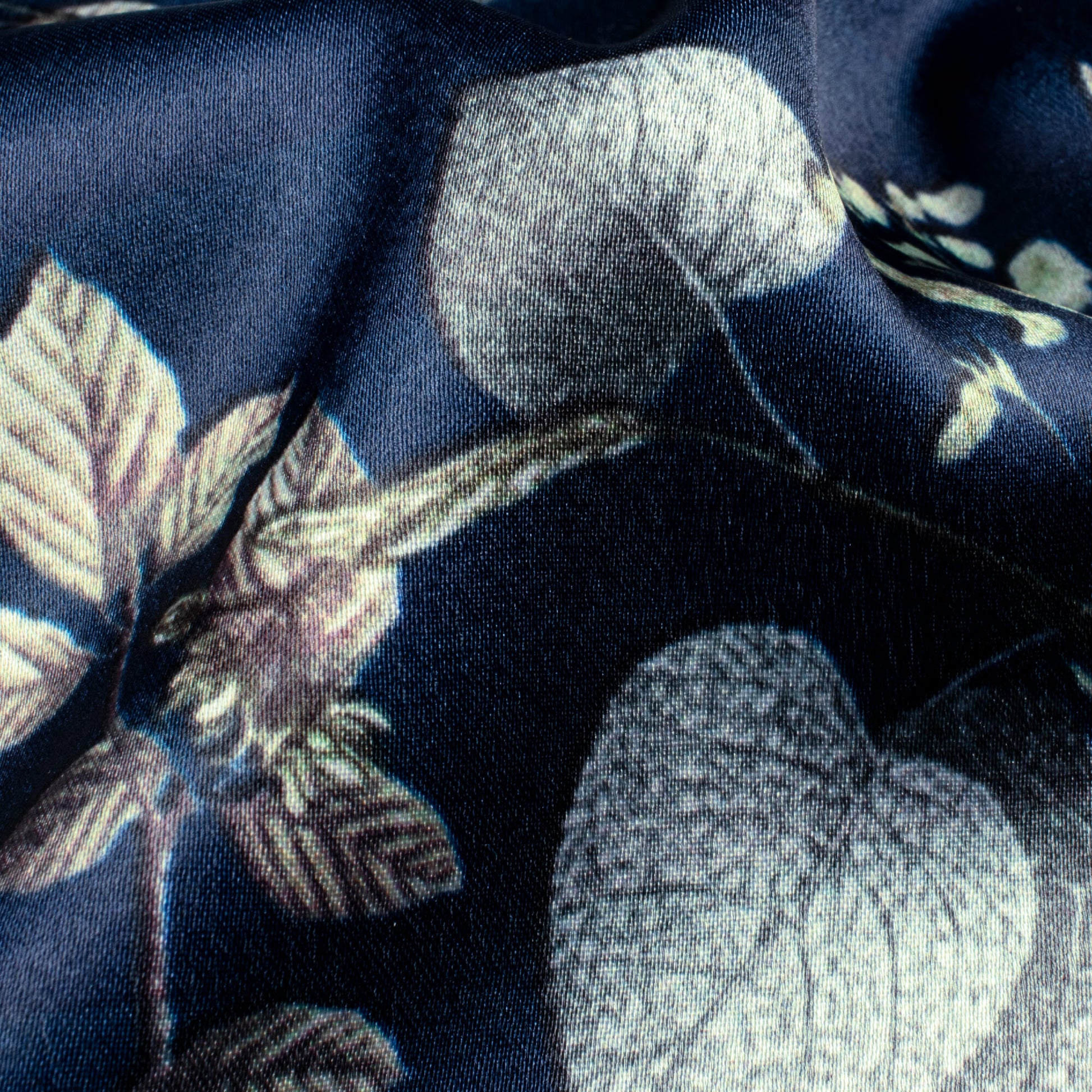 Navy Blue And Beige Leaf Pattern Digital Print Japan Satin Fabric - Fabcurate