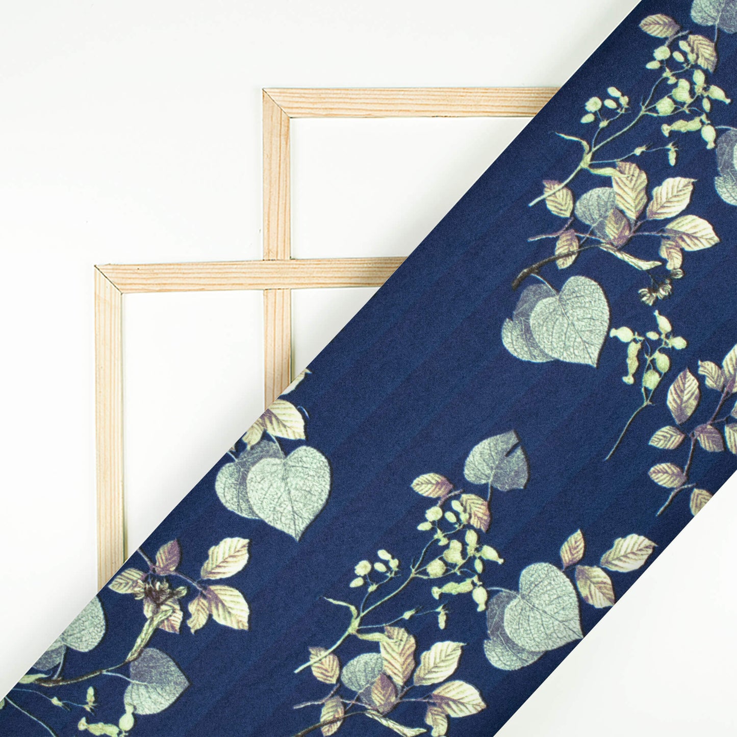 Navy Blue And Beige Leaf Pattern Digital Print Japan Satin Fabric - Fabcurate