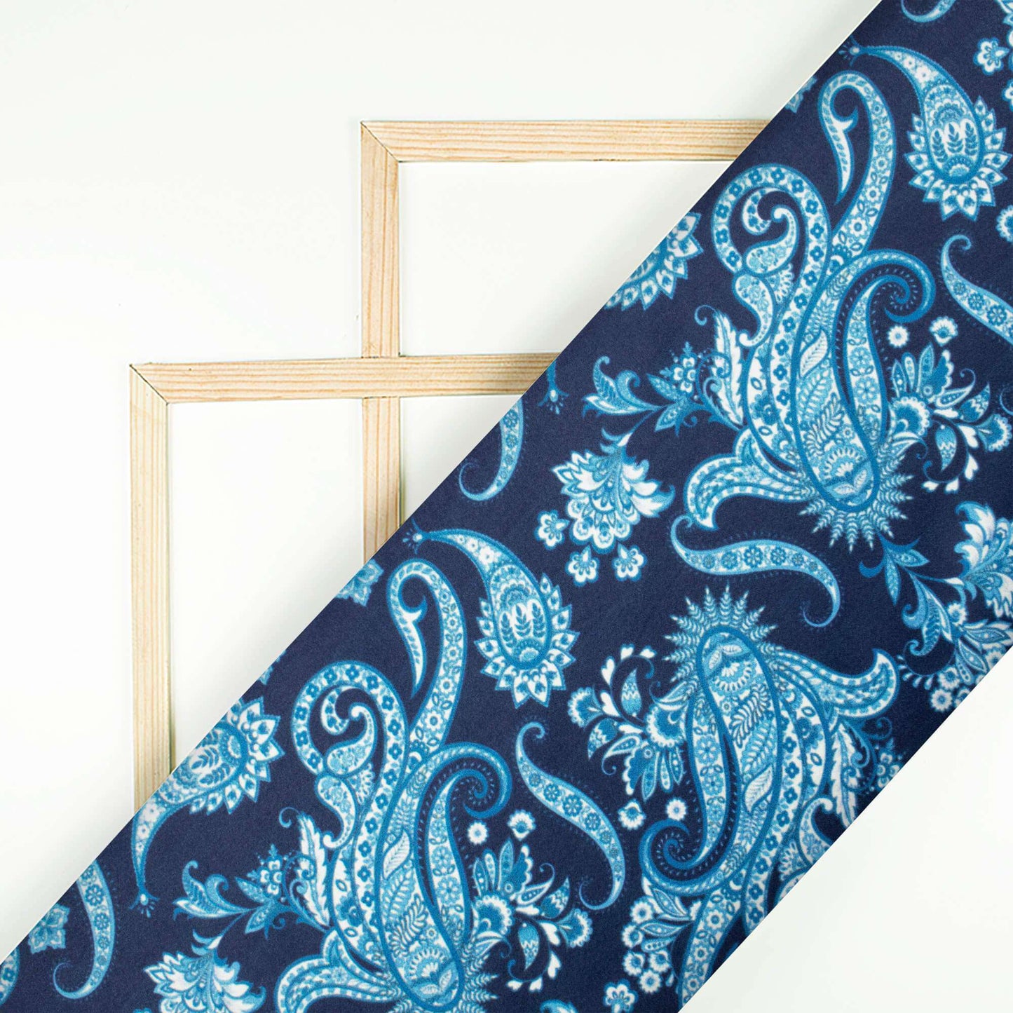 Dark Blue Paisley Pattern Digital Print Japan Satin Fabric - Fabcurate