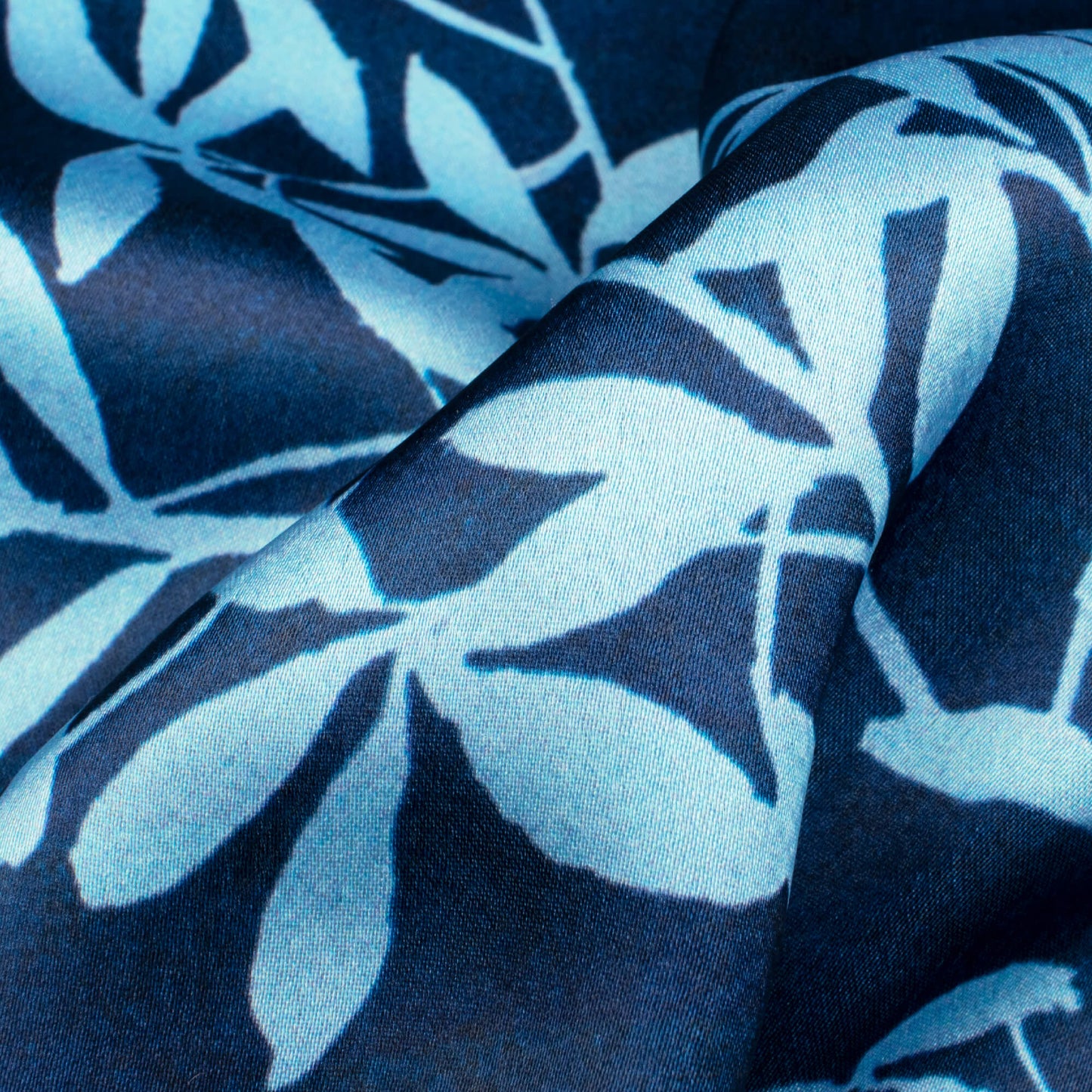 Prussian Blue Leaf Pattern Digital Print Japan Satin Fabric - Fabcurate