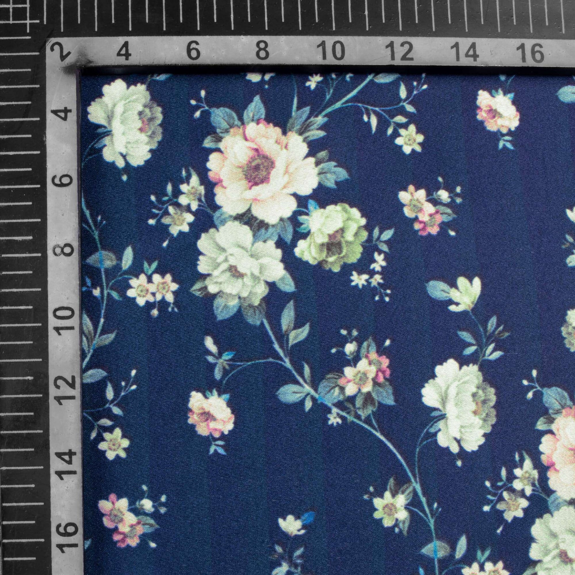 Navy Blue And Taffy Pink Floral Pattern Digital Print Japan Satin Fabric - Fabcurate