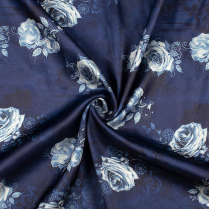 Prussian Blue And Pearl White Floral Pattern Digital Print Japan Satin Fabric