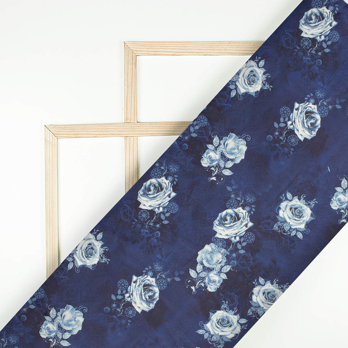 Prussian Blue And Pearl White Floral Pattern Digital Print Japan Satin Fabric