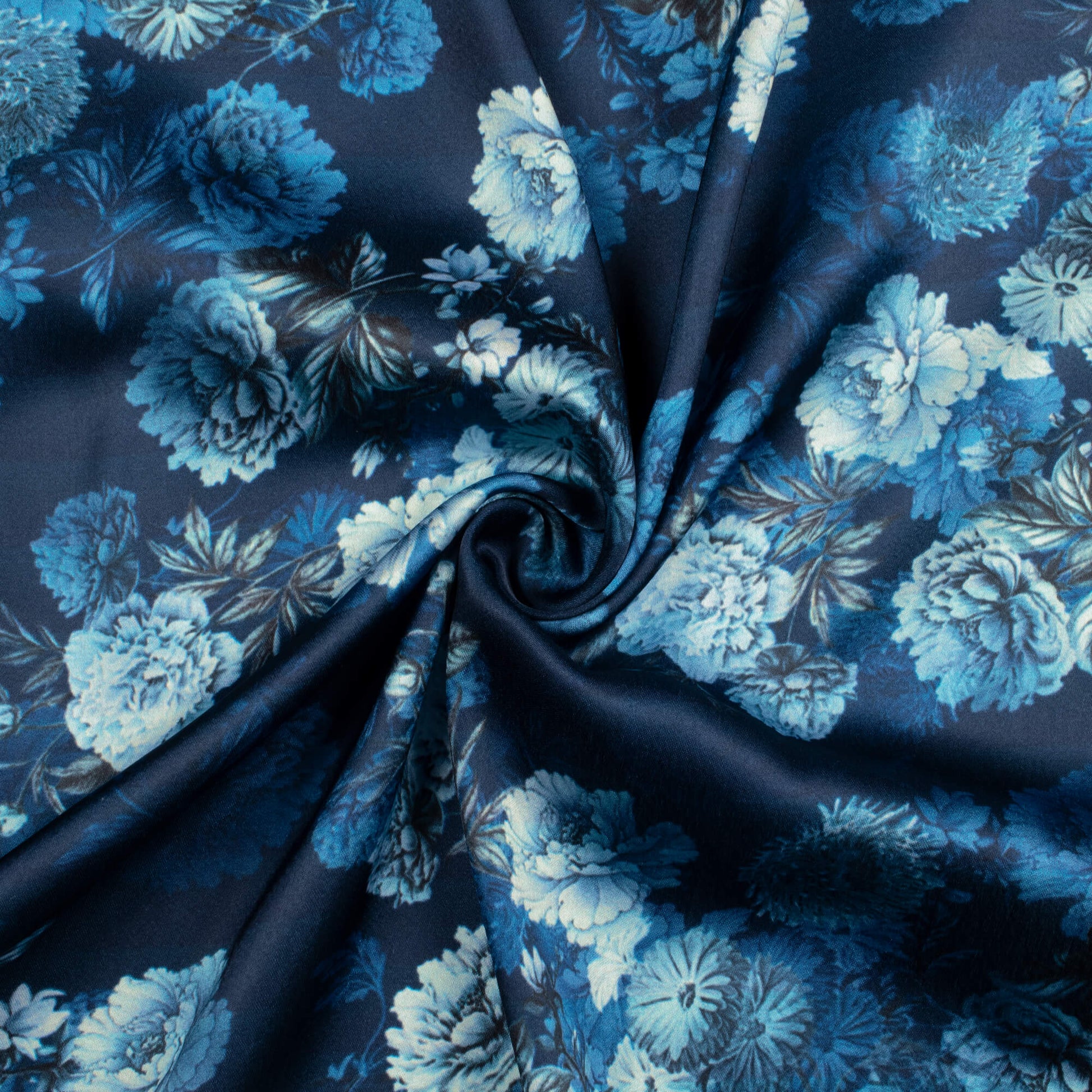 Prussian Blue And Snow White Floral Pattern Digital Print Japan Satin Fabric - Fabcurate