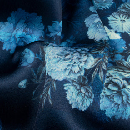 Prussian Blue And Snow White Floral Pattern Digital Print Japan Satin Fabric - Fabcurate