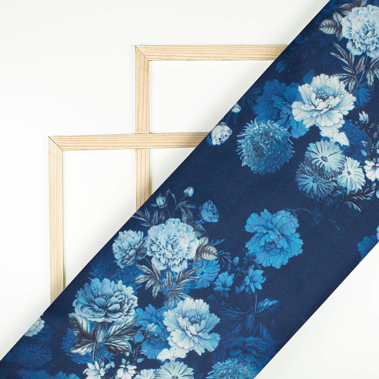 Prussian Blue And Snow White Floral Pattern Digital Print Japan Satin Fabric - Fabcurate